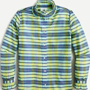 Classic-fit silk-cotton voile ruffleneck shirt in spring plaid NWT Size 8